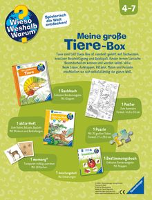 Logo: "Wieso Weshalb Warum" mit Fragezeichen. Titel: "Meine große Tiere-Box." Enthält Buch, Heft, Poster, Puzzle, memory, Bestimmungsbuch.