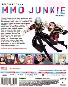 "RECOVERY OF AN MMO JUNKIE VOLUME 1" steht oben. Zwei Anime-Charaktere in imaginärer Kleidung, darunter weitere Szenenbilder.