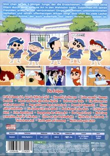 Beschreibung von Shin Chans Abenteuern, Folgen-Titel wie "Früh krümmt sich, was ein Häkchen wird", darunter Anime-Illustrationen.