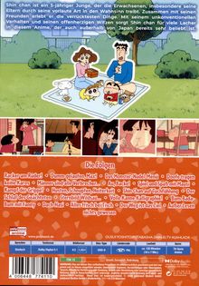 Text: Shin Chan 5-jähriger Junge wahnsinnige Erwachsenen Freunde unkonventionell Lacher Anime Folgen: Racker am Ruder!, Max, Monster-Nudel-Menü, Männer Verbrecher, Au, Backe!, Mausi, Grippe, Tuchfühlung, Lesen.

Illustration: Familie im Park auf Picknickdecke, Hund dabei, Baum im Hintergrund. Unten größere Icons verschiedener Szenen.