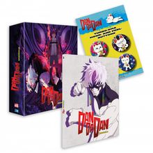 Dan Da Dan. Box, ein gelbes Poster mit Katzenstickern und ein Cover mit Figur in Kampfpose. Manga-Stil.