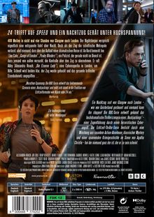 "24 trifft auf Speed und ein Nachtzug gerät unter Hochspannung! 400 Meilen in nicht mal vier Stunden von Glasgow nach London." Es zeigt eine Collage aus Szenen mit einem angespannten Mann und einer mitschreibenden Frau.