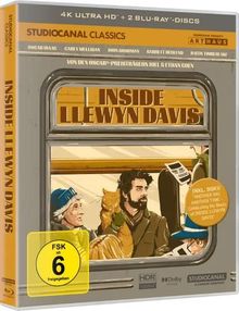 Text oben: "4K ULTRA HD + 2 BLU-RAY DISCS".
Titel: "INSIDE LLEWYN DAVIS".
Bild: Mann mit Gitarre in U-Bahn. FSK 6 Symbol.