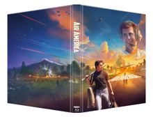 "Air America." Illustration: Mann und Flugzeuge in tropischer Landschaft bei Sonnenuntergang, entspannte Stimmung.