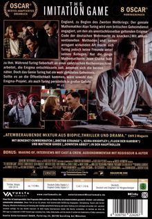 Texts: "The Imitation Game", "Oscar Nominiert", "Atemberaubende Mixtur aus Biopic, Thriller und Drama", "Bonus: Making of".

Beschreibung: Filmposter mit Szenenbildern und Schauspieler in historischen Kostümen.
