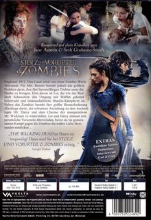 Texte: "Stolz und Vorurteil & Zombies", "Extras: Entfallene Szenen", "The Walking Dead ist Ihnen zu langweilig?". 
Kämpfende Frauen, Zombies.