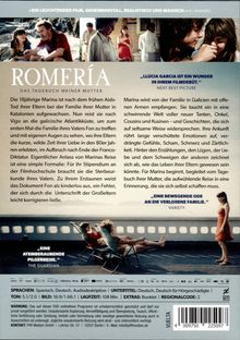 "Romería: Das Tagebuch meiner Mutter." Text beschreibt die Geschichte von Marina. Szenen von Gesprächen und Entspannung am Strand.