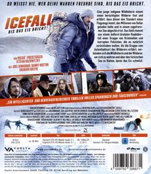 "Icefall. Bis das Eis bricht!" Oben, in großen orangefarbenen Buchstaben. Darunter Menschen in Schneeanzügen. Action-Thriller.