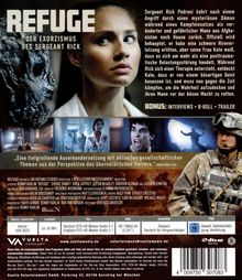"REFUGE: Der Exorzismus des Sergeant Rick" zeigt ein Frauengesicht, Soldaten, Horror-Szenen und Text über traumatischen Horror.