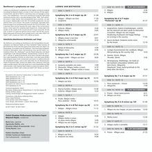 Texte:  
- Beethoven’s symphonies on vinyl
- Sämtliche Beethoven-Sinfonien auf Vinyl
- LUDWIG VAN BEETHOVEN  
- Symphonien Nr. 2, 8, 1, 3, 4, 5, 6, 7, 9

Beschreibung: Enthält eine Liste der Beethoven-Sinfonien auf Vinyl, geordnet nach Plattenseiten und Titeln. Links werden technische Details der Aufnahme beschrieben. Das Format betont die Wiedergabe auf Langspielplatten.