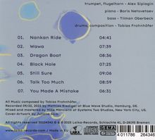 Liste von Musikstücken mit Titeln und Längen, umgeben von bunten, weichen Formen.