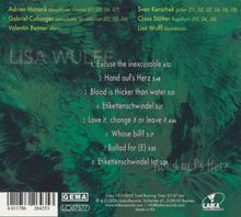 Liste von acht Musiktiteln mit Zeiten. Grüner Hintergrund mit abstraktem Design. Musikinstrumente sind aufgeführt.