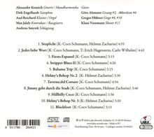 Liste von Musiktiteln mit Künstlern und Längen. Oben sind Musiker und Gäste aufgelistet. Unten Barcodes und Logos.