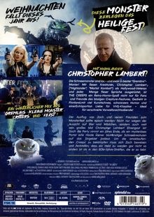"Weihnachten fällt dieses Jahr aus!", "Diese Monster zerlegen das heilige Fest!", "Mit Highlander Christopher Lambert!" Illustrationen von Monstern und Filmszenen.