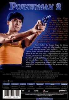 Text: "POWERMAN 2", Infos über Besetzung mit Jackie Chan, Handlung über Cops und Gangsterjagd. 

Illustration: Mann in gelbem Shirt mit Pistole.