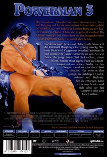 Der Text beschreibt den Film "Powerman 3" mit Action und Kung-Fu, mit Jackie Chan, in Hongkongs Unterwelt. Schrift in blauen Tönen.