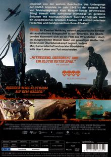 Ein Soldat mit Gewehr auf einem Boot; Zitat: „Mitreißend, überdreht und ein blutig guter Spaß.“; Genre: Action/Horror; FSK 16.