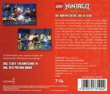 Text: "LEGO Ninjago: Die Hörspielreihe zur TV-Serie. 265. Echte Freundschaften, 266. Der Prisma-Mond. Alter: 7-14."  
Illustration: LEGO Charaktere in Action.
