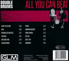 Playlist mit Titeln und Zeiten, links "DOUBLE DRUMS", rechts "ALL YOU CAN BEAT", unten GLM-Logo.