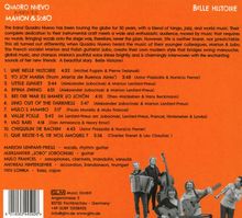 Trackliste mit Titeln und Längen. Infos über Musiker und Instrumente. Orange Hintergrund, Bandfoto unten.