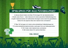 "SPIELSPASS FÜR ALLE FUSSBALLFANS!" in einem grünen Feld, darüber ein Pokal, Fußballschuh und Torwarthandschuhe.