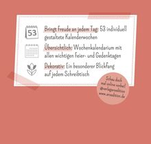 Bringt Freude an jedem Tag: 53 individuell gestaltete Kalenderwochen. Roter Hintergrund mit verschiedenen Symbolen.