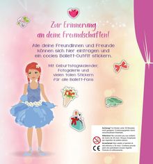 „Zur Erinnerung an deine Freundschaften!“ Illustration: Mädchen im blauen Ballett-Outfit, Sticker von Blumen und Schminke.