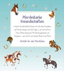 "Pferdestarke Freundschaften" und "Perfekt für alle Pferdefans". Illustrationen von Pferden, Reitern und Hufeisen.