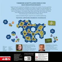 VERBINDE SCHOTTLANDS INSELN UND BAUE MÄCHTIGE BURGEN. Spielpläne, Text über Regeln und Strategie. Gesichter von zwei Männern.