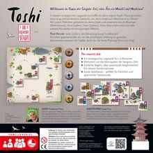 "Toshi: Die blühende Stadt" - Willkommensgruß und Spielbeschreibung. Strategisches Legespiel für 1-4 Spieler. Familienfreundlich.