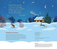 Ein Gedicht von Rainer Maria Rilke ist am Himmel zu sehen. Eine verschneite Winterlandschaft mit einem Haus, Hasen und Sternen.