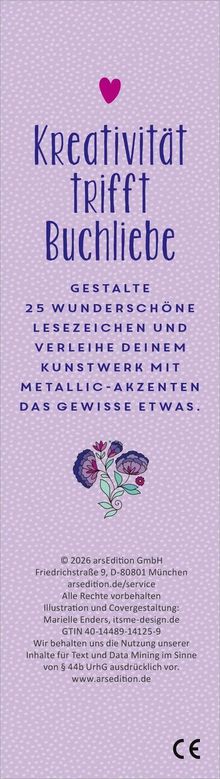 „Kreativität trifft Buchliebe.“ Gestalte 25 Lesezeichen mit Metallic-Akzenten. Ein lila Punktmuster-Hintergrund.