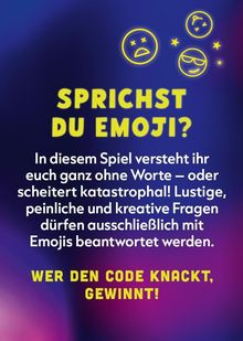 Text: "SPRICHST DU EMOJI?" Anleitungsspiel mit Emojis. Hintergrund in Blau-Pink mit gelben Emojis.