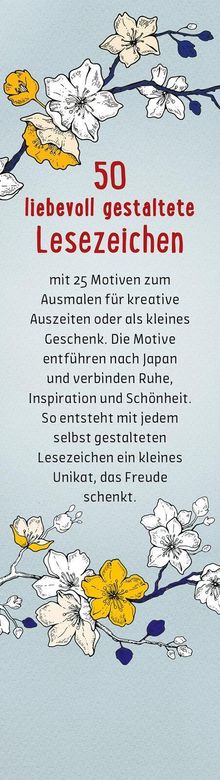 "50 liebevoll gestaltete Lesezeichen" steht über einem blassblauen Hintergrund mit gezeichneten weißen und gelben Blüten.