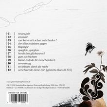 Eine Liste von Musiktiteln und eine Illustration mit einem Vogel und einer Blume.
