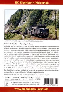 Titel: "EK-Eisenbahn-Videothek"

Österreichs Eisenbahn – Normalspurbahnen

Text beschreibt Reisen und Züge der ÖBB und ČSD. Unten DVD-Details. Oben ein Zug auf einer Brücke in einer Landschaft.