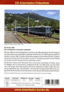 "Re 4/4 der SBB. Eine erfolgreiche Schweizer Lokfamilie." Ein grüner Zug fährt vor bewaldeten Hügeln entlang der Schiene.