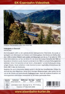 Oben: "EK-Eisenbahn-Videothek". Titel: "Erzbergbahn in Österreich einst & jetzt". Text beschreibt die Geschichte der Erzbergbahn. Unten: Tabelle mit technischen Details. Foto: Zug auf Viadukt in alpiner Landschaft.