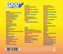 "2000er PARTY HITS" in großer, blauer Schrift. CD 01 und CD 02 mit Tracklisten. Gelber Hintergrund.