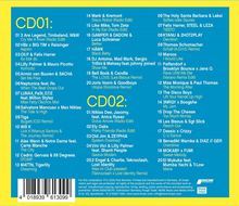 CD01: Titel von 01 bis 20, darunter "Cry Me A River", "Aspirin", "Komodo". CD02: Titel von 01 bis 20, darunter "Dolce Amore", "System Overload". Gelber Hintergrund, blauer Text.