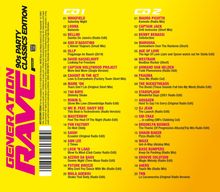 Links: "GENERATION RAVE 90s PARTY CLASSICS EDITION". Rechts: CD1 und CD2, jeweils mit 20 Songs auf gelbem Hintergrund.