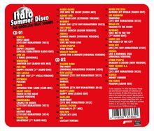 Italo Summer Disco: Die größten Italo Sounds. Songs in zwei CDs auf rotem Hintergrund aufgelistet. Links CD 1, rechts CD 2.