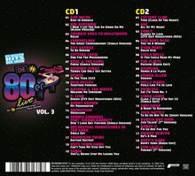 Links stehen Titel von CD1, rechts von CD2. Buntes "Die 80er live" Logo unten links. Texthintergrund ist schwarz.
