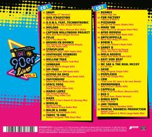 CD1 enthält Titel wie "The Power" von SNAP! und "Bla Bla Bla" von Gigi D’Agostino. CD2 bietet "Cotton Eye Joe" von Rednex. Links ein auffälliges Logo "Die 90er live Vol. 3".