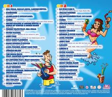 Links Liste von Songs auf CD1, rechts CD2. Hintergrund mit schwimmenden Comicfiguren und Getränken.