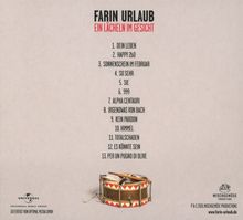 "Farin Urlaub: Ein Lächeln im Gesicht. Trackliste: Titel wie 'Dein Leben' und 'Happy 2bD'. Trommel-Illustration unten."
