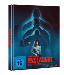 Roter Text oben: "ADRIA ARJONA". Groß unten: "ONSLAUGHT". Unten: "Ein Film von Adam Wingard". Illustration: Dunkle Figuren und eine Frau mit Waffe.