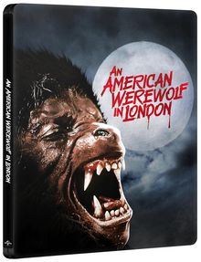 Text: „An American Werewolf in London“. Illustration eines heulenden Werwolfs vor einem Vollmond.