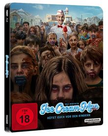 "FSK ab 18. Eli Roth's Ice Cream Man: Hütet euch vor den Kindern." Blutverschmierte Kinder vor Eiswagen, Mann mit Eis.