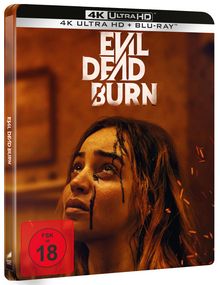"EVIL DEAD BURN" in weißer Schrift auf 4K Ultra HD Blu-ray Cover. Frau schaut ängstlich nach oben, dunkle Spuren im Gesicht.